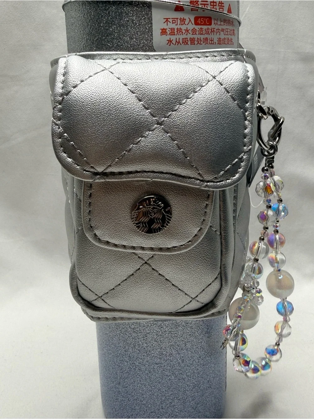 Starbucks Silver Glitter Tumbler with Quilted Pouch & Beaded Charm 16 oz New NWT